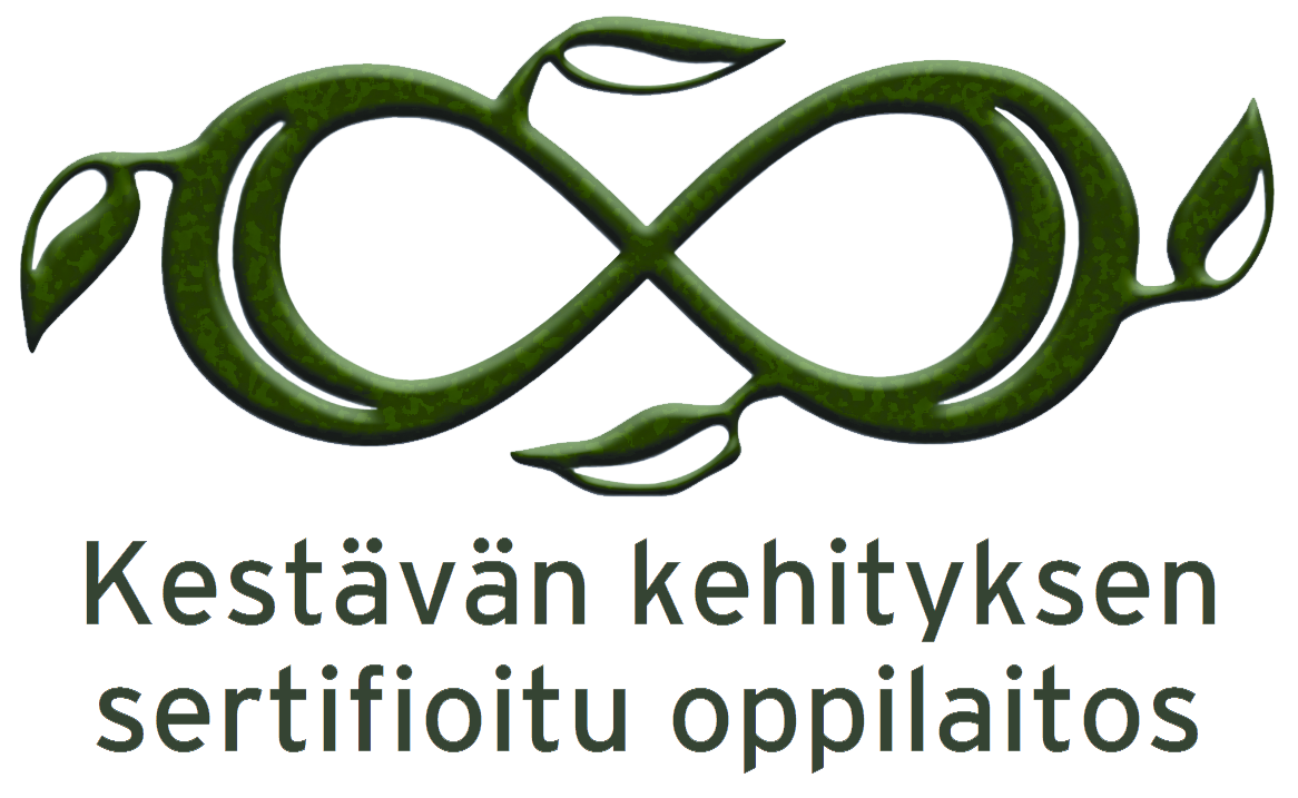 Logo, jossa ääretön-merkin muotoinen vihreä köynnös ja alla teksti Kestävän kehityksen sertifioitu oppilaitos.